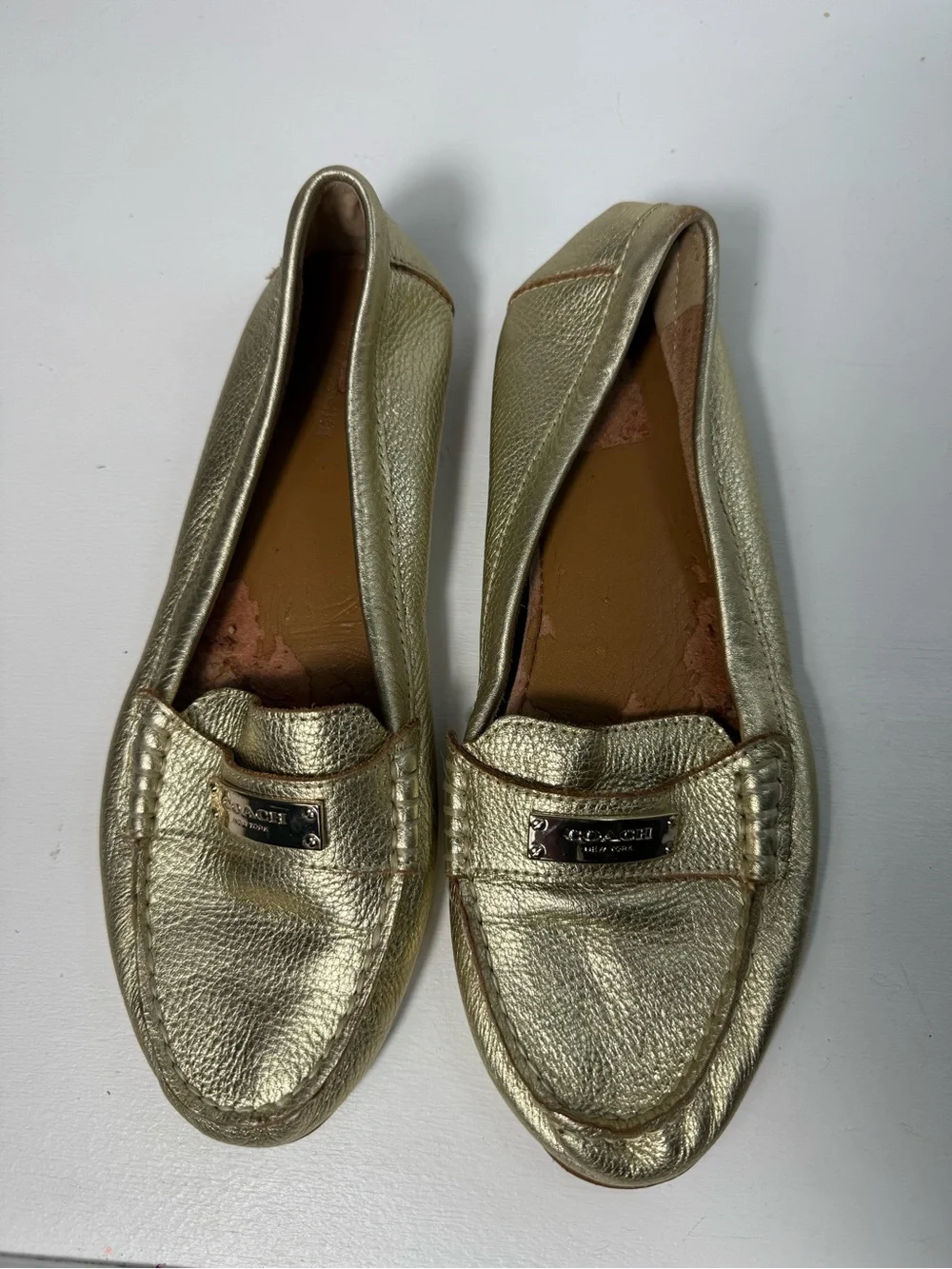 Coach Metallic Gold Leather Penny Loafers - Women
